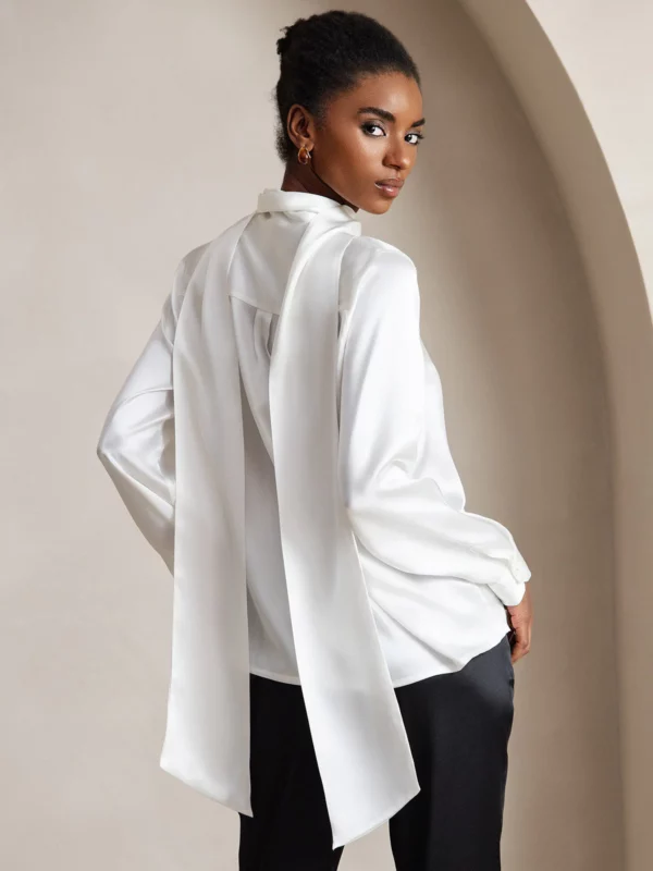 19 momme mulberry Silk Long Sleeve High Neck Bow Tie Blouse - Image 5