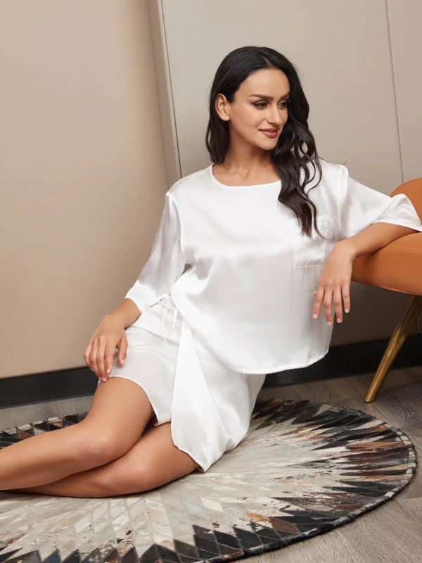 100% mulberry Silk Women's Pure Silk Half Sleeve Cropped Tee & Skirt Pj Set - Image 7