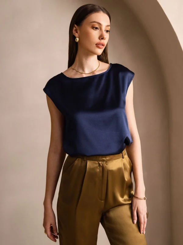 19Momme mulberry Silk Cap Sleeve Round Neck Women's Top - Image 9