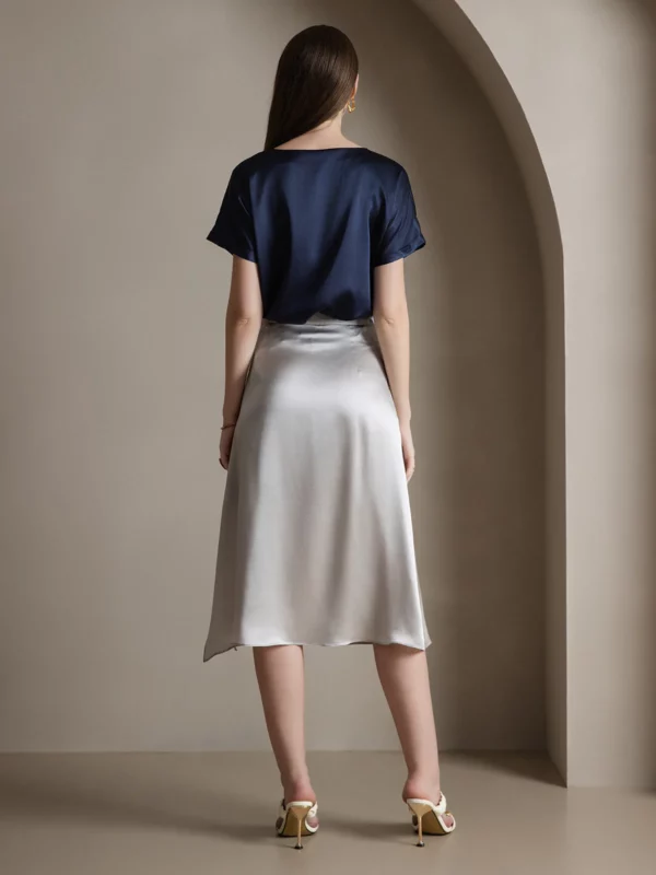 19 momme Mulberry Silk A Line Long Slit satin Skirt with Zipper Design - Image 4