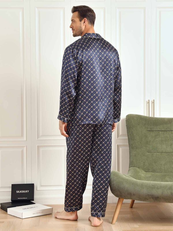 100% mulberry Silk Navy Chain Print Long Sleeve Men's Pajamas Set With Pants - Image 2