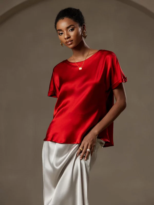 19Momme mulberry Silk Short Sleeve Boat Neck Women's T-Shirt - Image 11