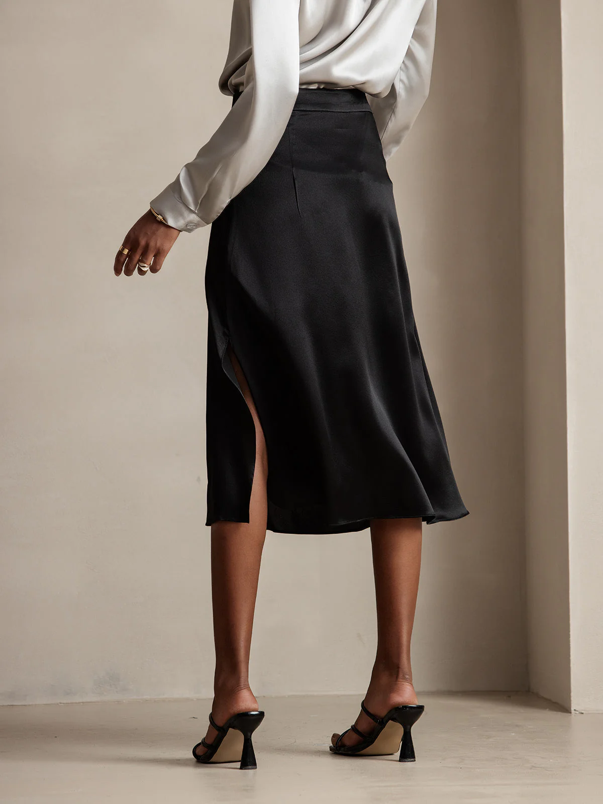 19 momme Mulberry Silk A Line Long Slit satin Skirt with Zipper Design - Image 3