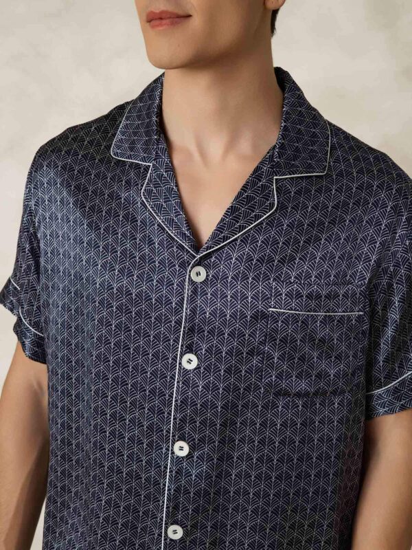 100% mulberry Silk Men's Navy Ginkgo Print Pajamas Set with Short Sleeve and Pants - Image 3
