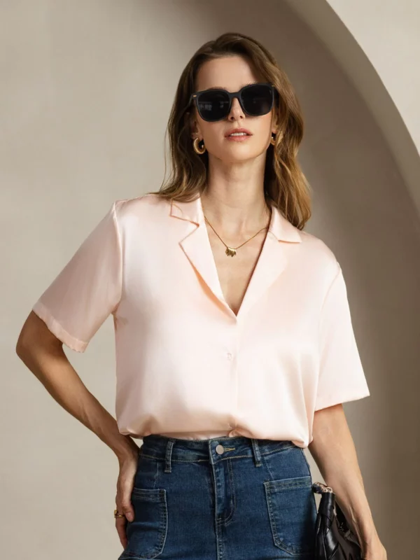 19Momme mulberry Silk Short Sleeve Lapel Women's Shirt with Button Up Design - Image 2