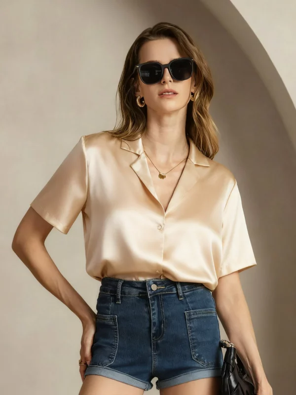 19Momme mulberry Silk Short Sleeve Lapel Women's Shirt with Button Up Design - Image 6