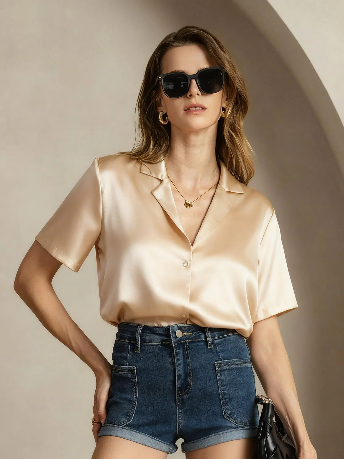 19Momme mulberry Silk Short Sleeve Lapel Women