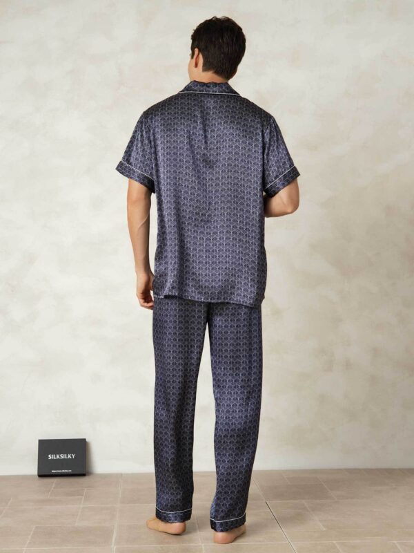 100% mulberry Silk Men's Navy Ginkgo Print Pajamas Set with Short Sleeve and Pants - Image 2