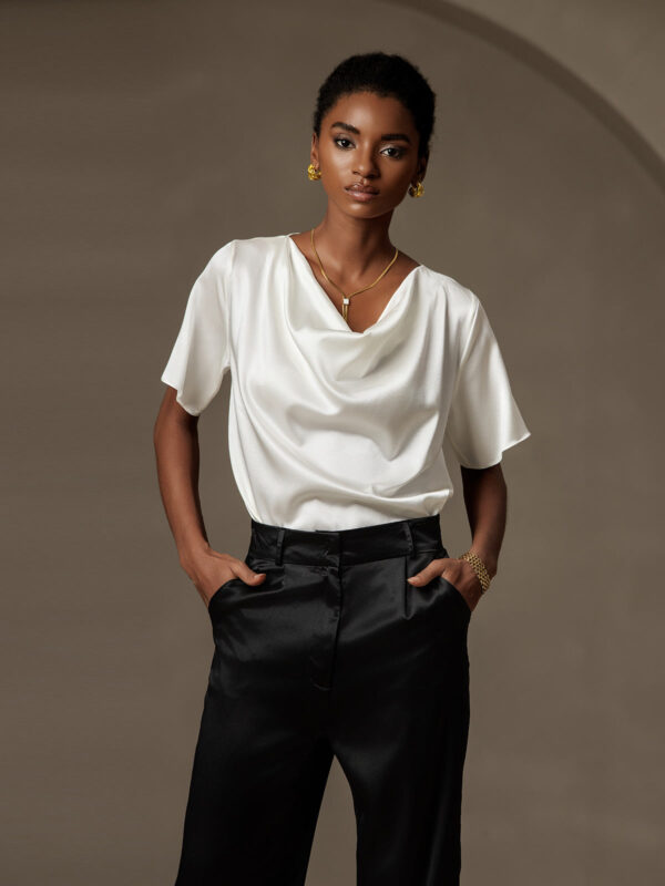 19Momme Women's mulberry Silk Short Sleeve Cowl Neck T-Shirt - Image 2