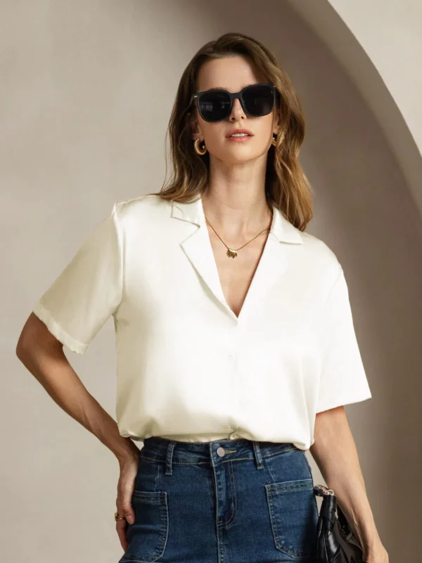 19Momme mulberry Silk Short Sleeve Lapel Women's Shirt with Button Up Design - Image 4