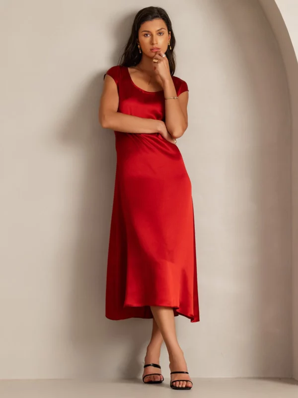 19Momme mulberry Silk Cap Sleeve Round Neck Midi Dress - Image 3