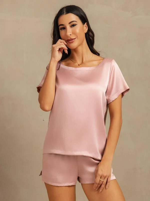 mulberry Silk 19Momme Women's Short Sleeve Round Collar Pajamas Set with Side Pocket Design - Image 3