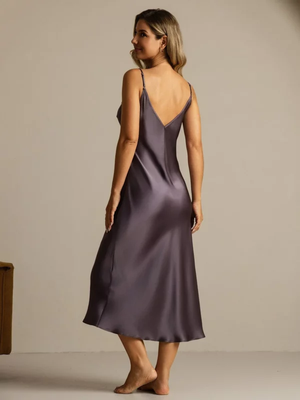 100% mulberry Silk Spaghetti Strap Long Nightgown with Lace Split Design - Image 2