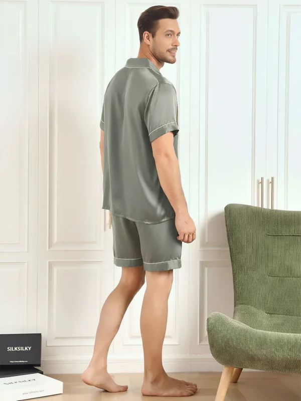 100% mulberry Silk Short Sleeve Notch Collar Men's Pajamas Set with Shorts - Image 4