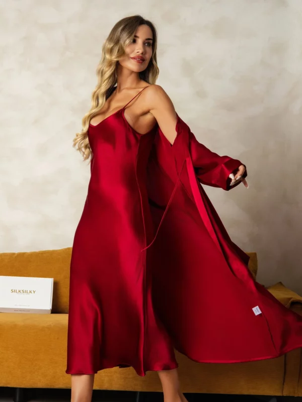 100% mulberry Silk charmeuse V-Neck Midi Nightgown & Robe Set 2Pcs - Image 5