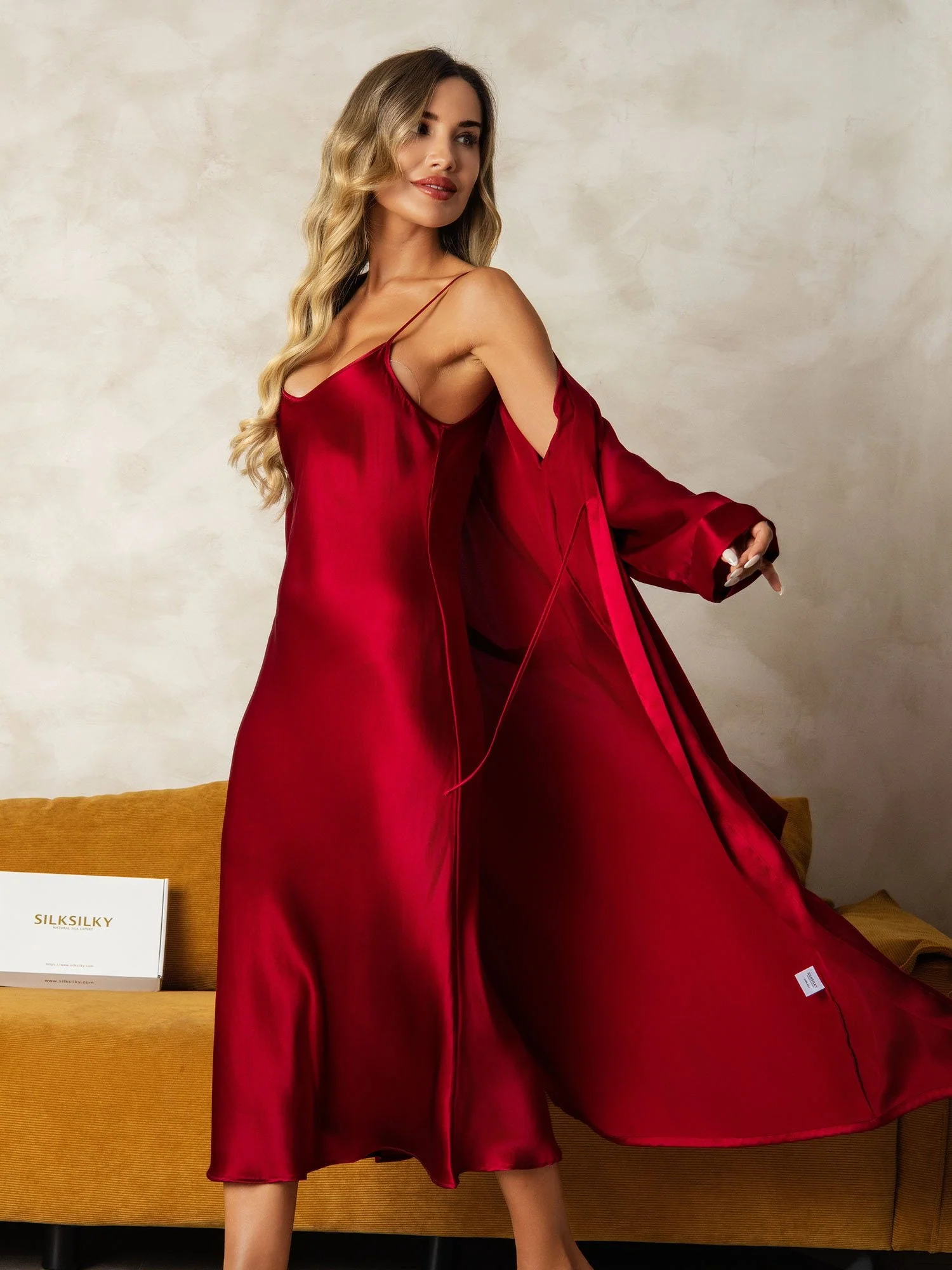 100% mulberry Silk charmeuse V-Neck Midi Nightgown & Robe Set 2Pcs - Image 5