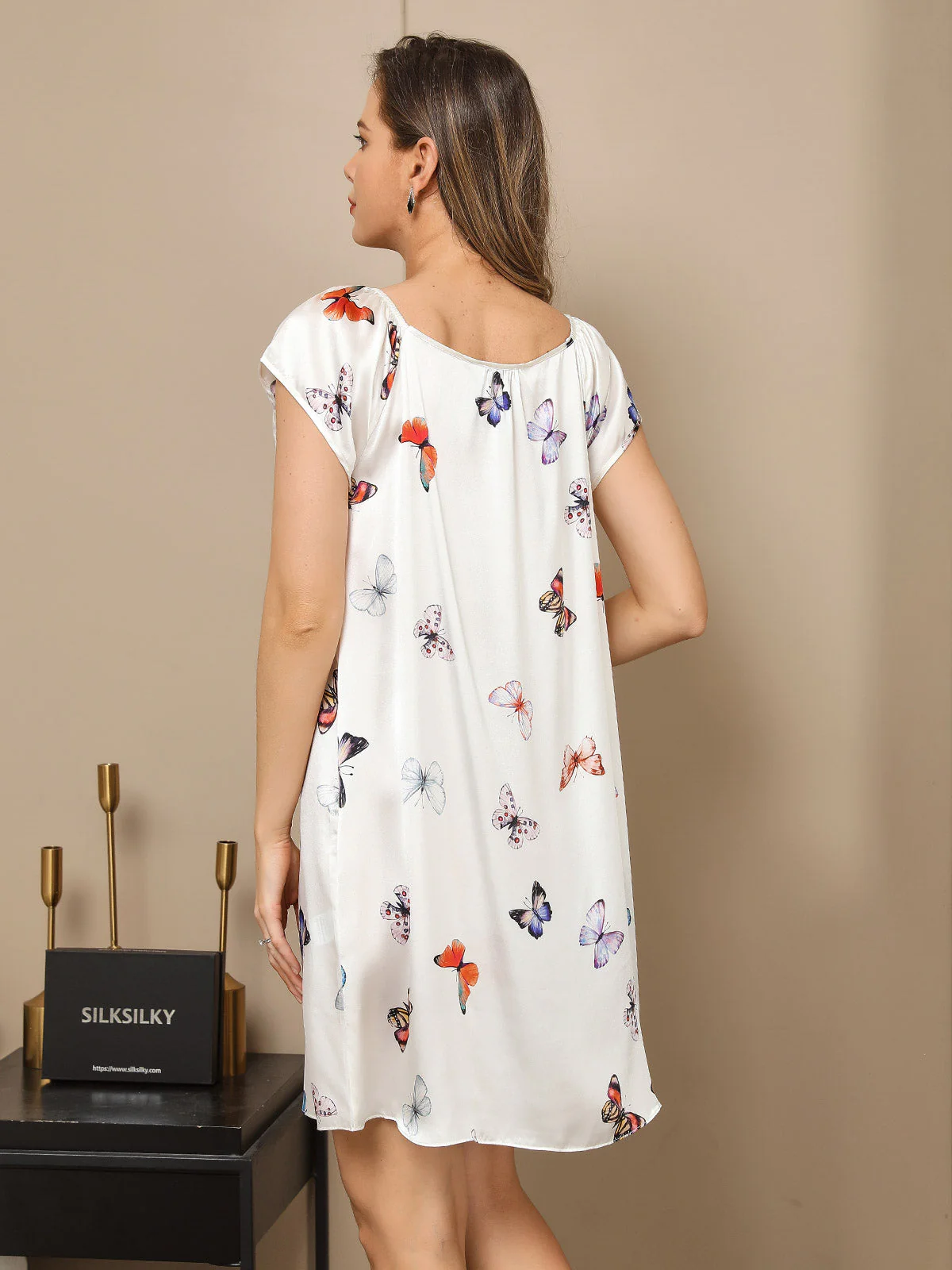 100% mulberry Silk Cap Sleeve Square Neck Short Nightgown - Image 4