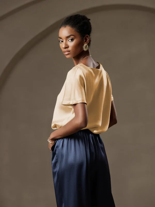 19Momme mulberry Silk Short Sleeve Boat Neck Women's T-Shirt - Image 13