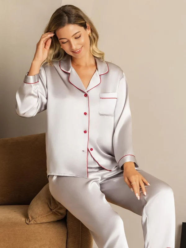 100% mulberry silk Women's Long Sleeve Silk satin Pajamas Set with outlines silhouette - Image 7