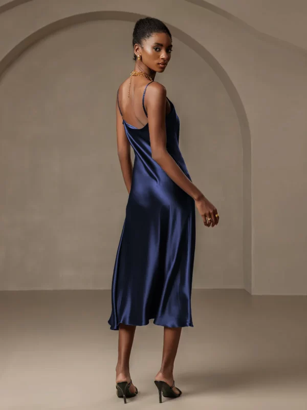 19Momme mulberry Silk Spaghetti strap Cowl Neck Midi Nightgown with Split Design - Image 4