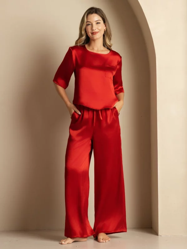 Women's Half Sleeve Round Neck 100% mulberry silk Pajamas Set - Image 2