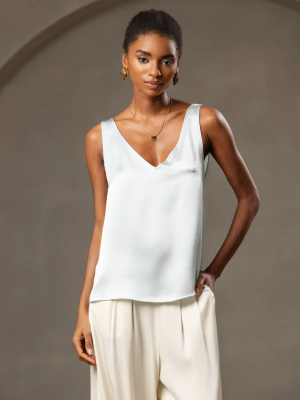 Women's 19Momme Silk Sleeveless V Neck Satin Tank Top with V Back Design - Image 9