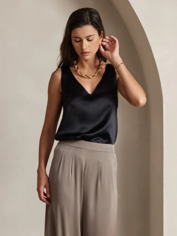 Women's 19Momme Silk Sleeveless V Neck Satin Tank Top with V Back Design - Image 11