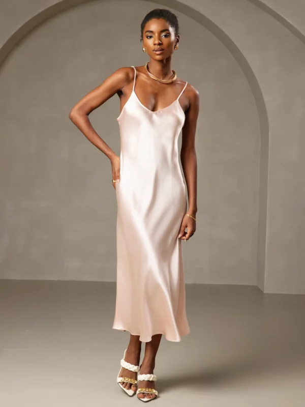 100% mulberry Silk charmeuse Spaghetti Strap Midi Dress - Image 12