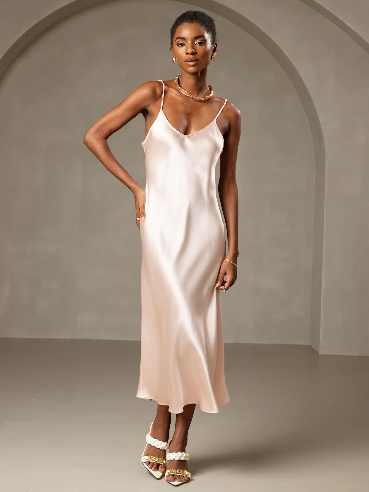 100% mulberry Silk charmeuse Spaghetti Strap Midi Dress - Image 12