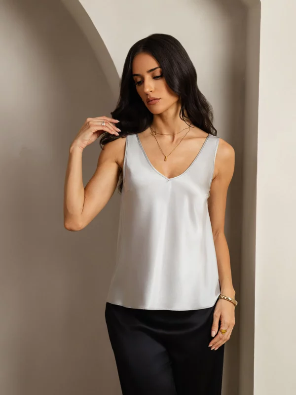 Women's 19Momme Silk Sleeveless V Neck Satin Tank Top with V Back Design - Image 4