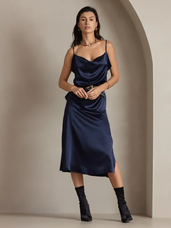 19 momme Mulberry Silk A Line Long Slit satin Skirt with Zipper Design - Image 6