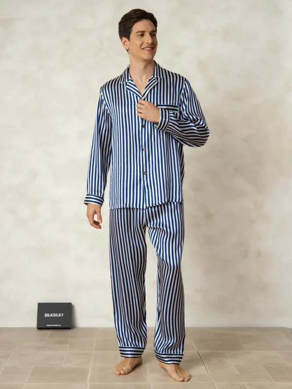 100% mulberry Silk Men's Stripe Print Long Sleeve Pajamas Set with Notch Collar - Image 3