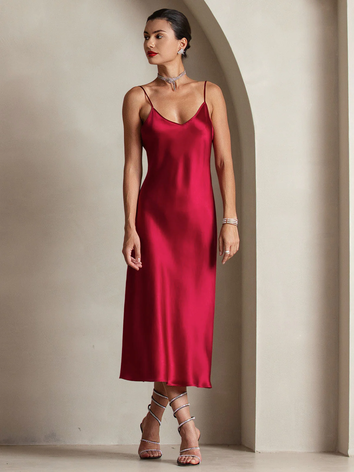 100% mulberry Silk charmeuse Spaghetti Strap Midi Dress - Image 2